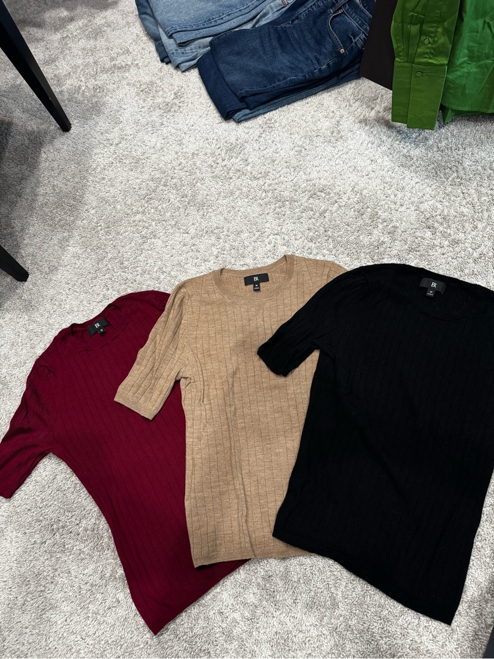 Banana Republic Essentials ribbed Short-Sleeve Sweaters - Black, Camel, Burgundy